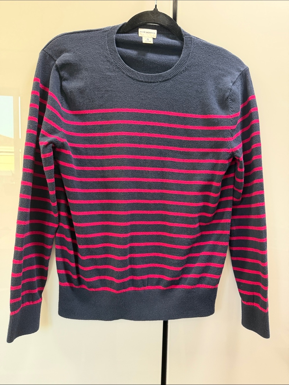 Club Monaco Navy Crewneck Sweater with Pink Stripes